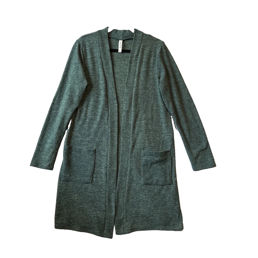 Zenana Green Longline Cardigan Sweater M Open Front Pockets Cozy Whimsigoth Boho